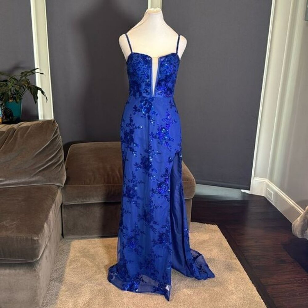 Women’s Blue Sparkly Mermaid Fit Prom Party Dress CrissCross Straps Size 2